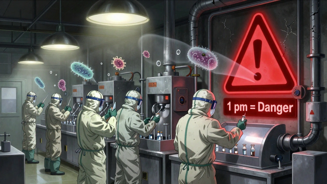 Inside a generic drug factory, workers and airborne microbes under flickering lights.