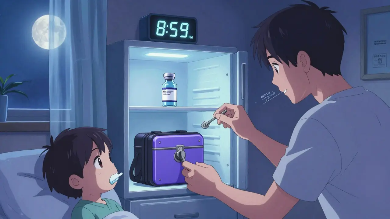 Parent locking medicine box at bedtime as child watches, moonlight illuminating the scene.