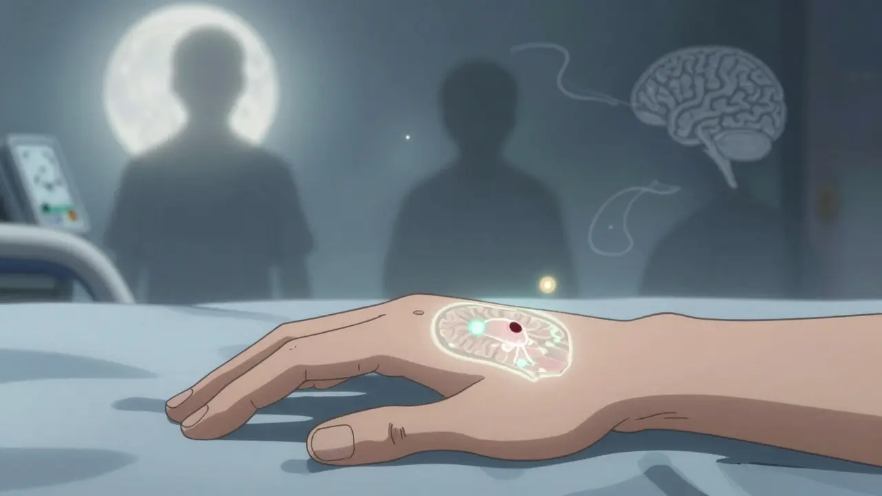 Patient's hand with a projected brain MRI showing small lesions and benign growths.