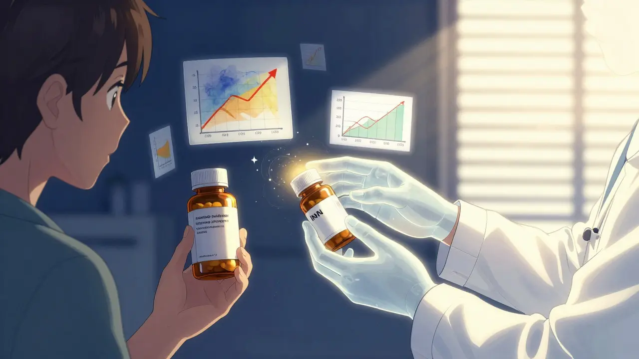 Patient choosing a generic pill bottle as a doctor's hand guides them, with floating cost and science visuals.