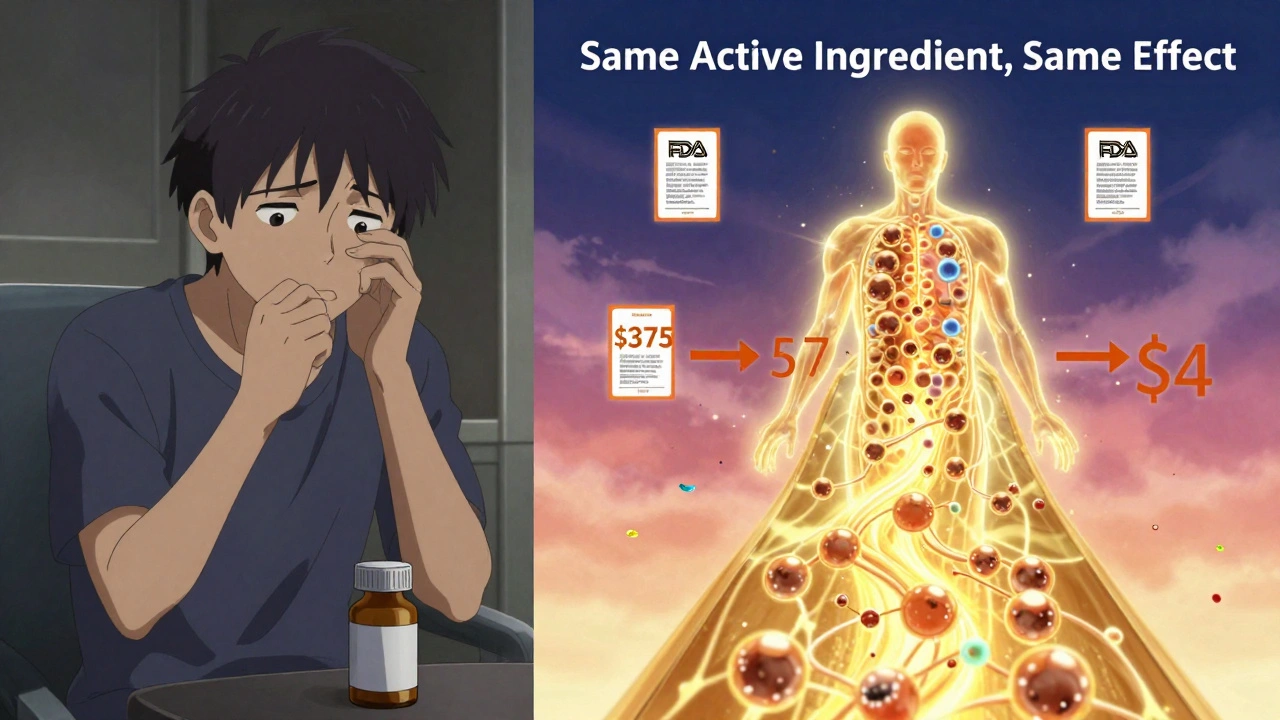 Patient hesitating over a pill bottle, with a radiant molecular pathway showing identical drug effect.