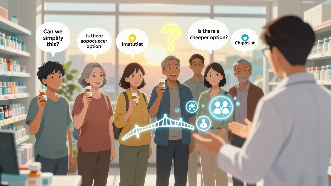 Patients and a pharmacist connect in a pharmacy, discussing affordable and simplified medication options.