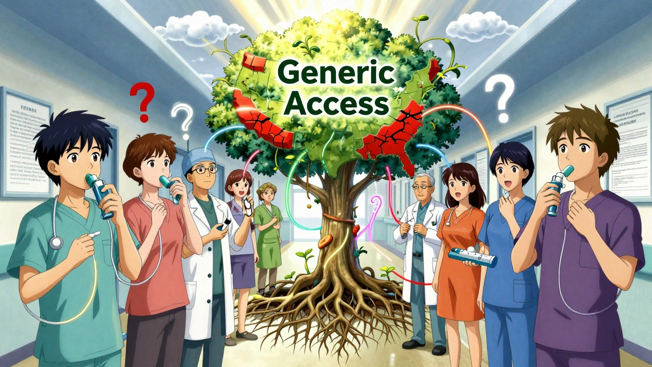 Patients holding medical devices connected to a tree symbolizing generic access.