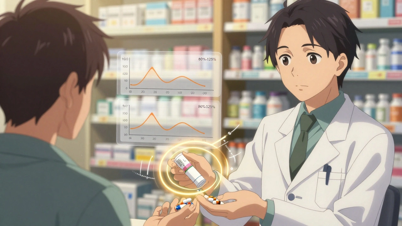 Pharmacist handing a prescription to a patient with overlapping blood absorption graphs floating between them.