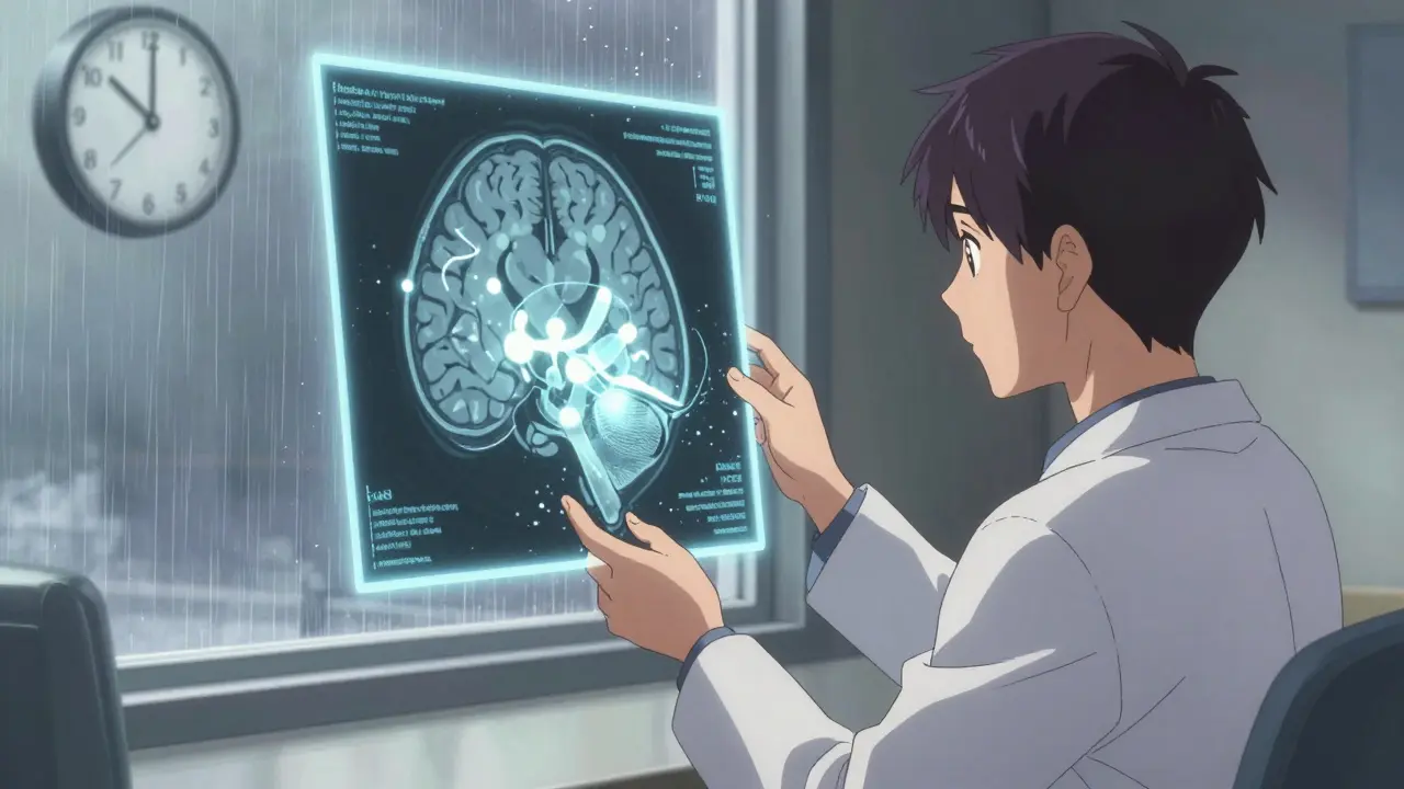 Radiologist viewing a holographic brain scan with glowing lesions and rain outside the window.