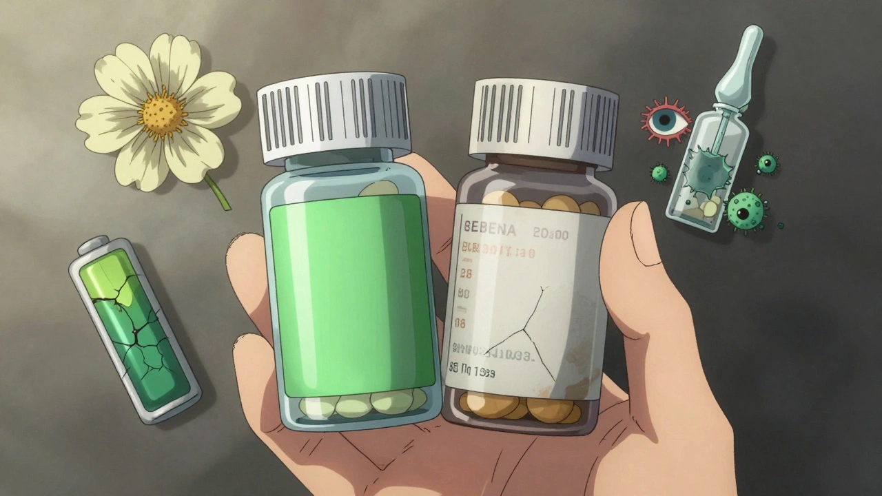 Side-by-side comparison of fresh and expired pill bottles with visual metaphors of degradation and potency loss.