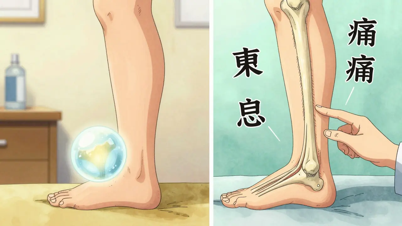Side-by-side medical illustration of inflamed bursa and thickened tendon with floating kanji symbols.