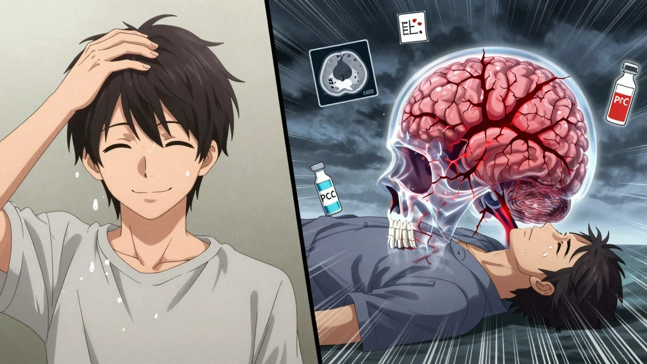 Split-panel timeline: minor head bump turning into life-threatening brain hemorrhage with medical icons floating nearby.