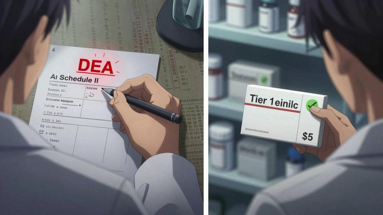 Split scene of a Schedule II prescription and a low-cost generic, with pharmacological codes swirling in background.