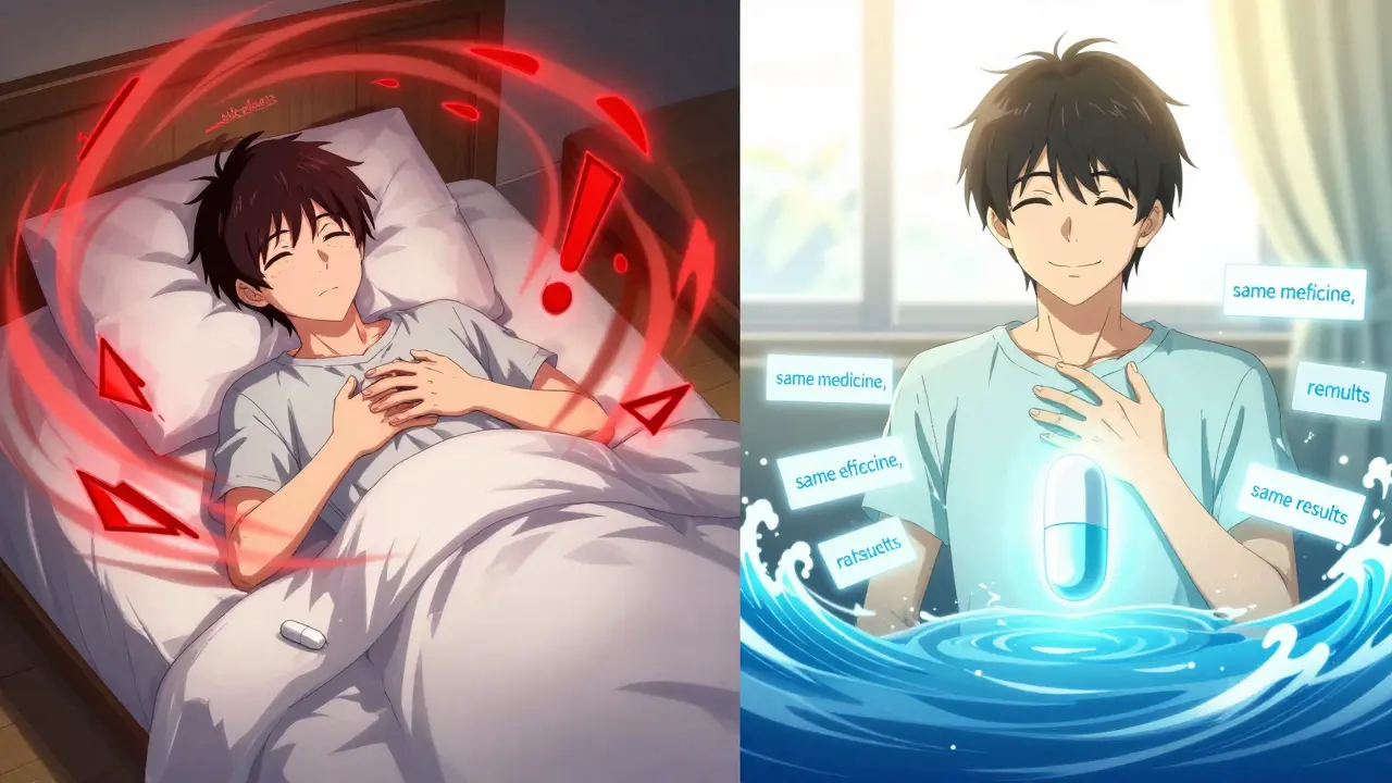 Split scene: one side shows pain and fear with a generic pill, the other shows calm and relief with the same pill.