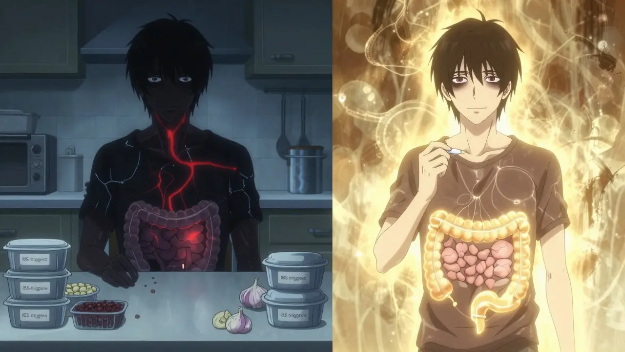 Split scene: person surrounded by IBS trigger foods on one side, calm and golden-lit on the other.