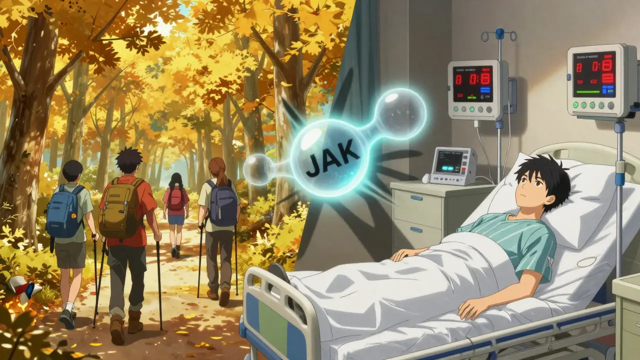 Split scene showing active life versus hospitalization due to JAK inhibitor side effects, with a pulsing drug molecule connecting both.