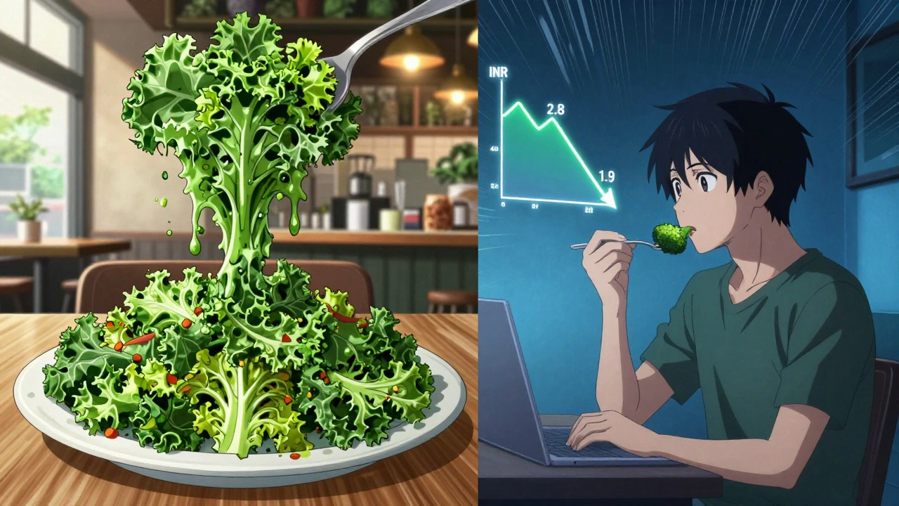 Split scene showing inconsistent vitamin K meals with a wild INR graph above.