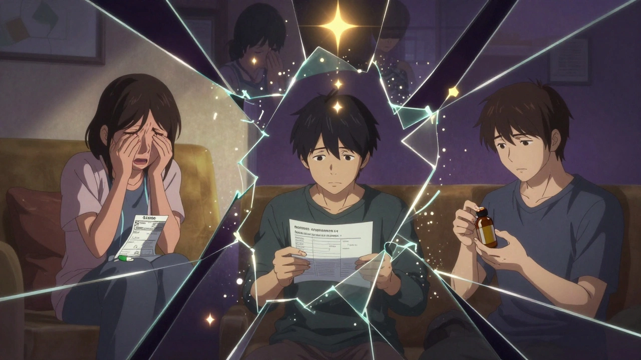 Three patients experience different struggles with prescription costs, shown within a fractured tiered structure.