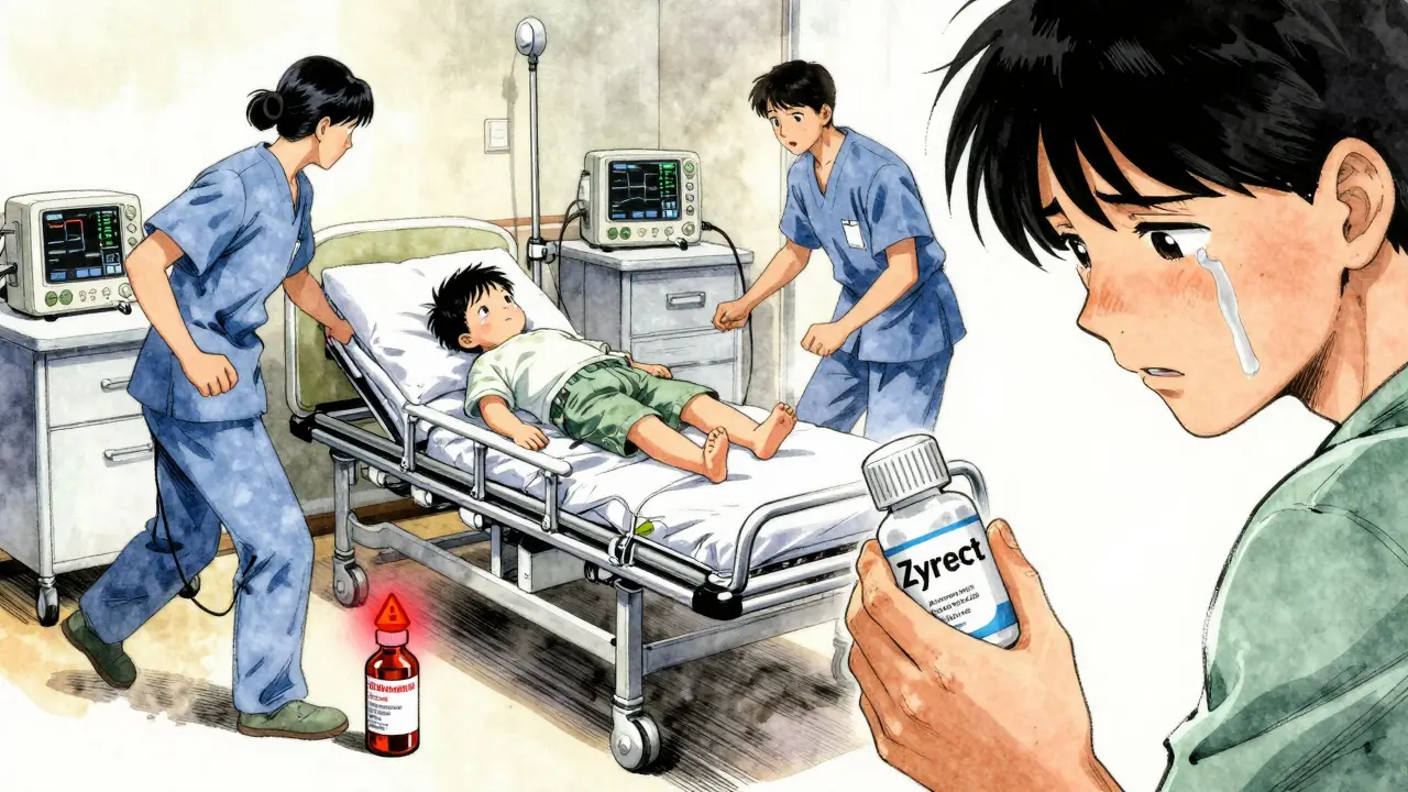 Toddlers in emergency room after diphenhydramine overdose, parent holding safe medication.