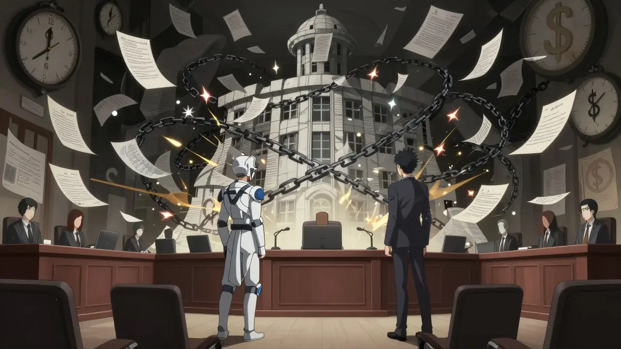 A biosimilar company battles a pharma corporation made of legal chains in a surreal courtroom scene.