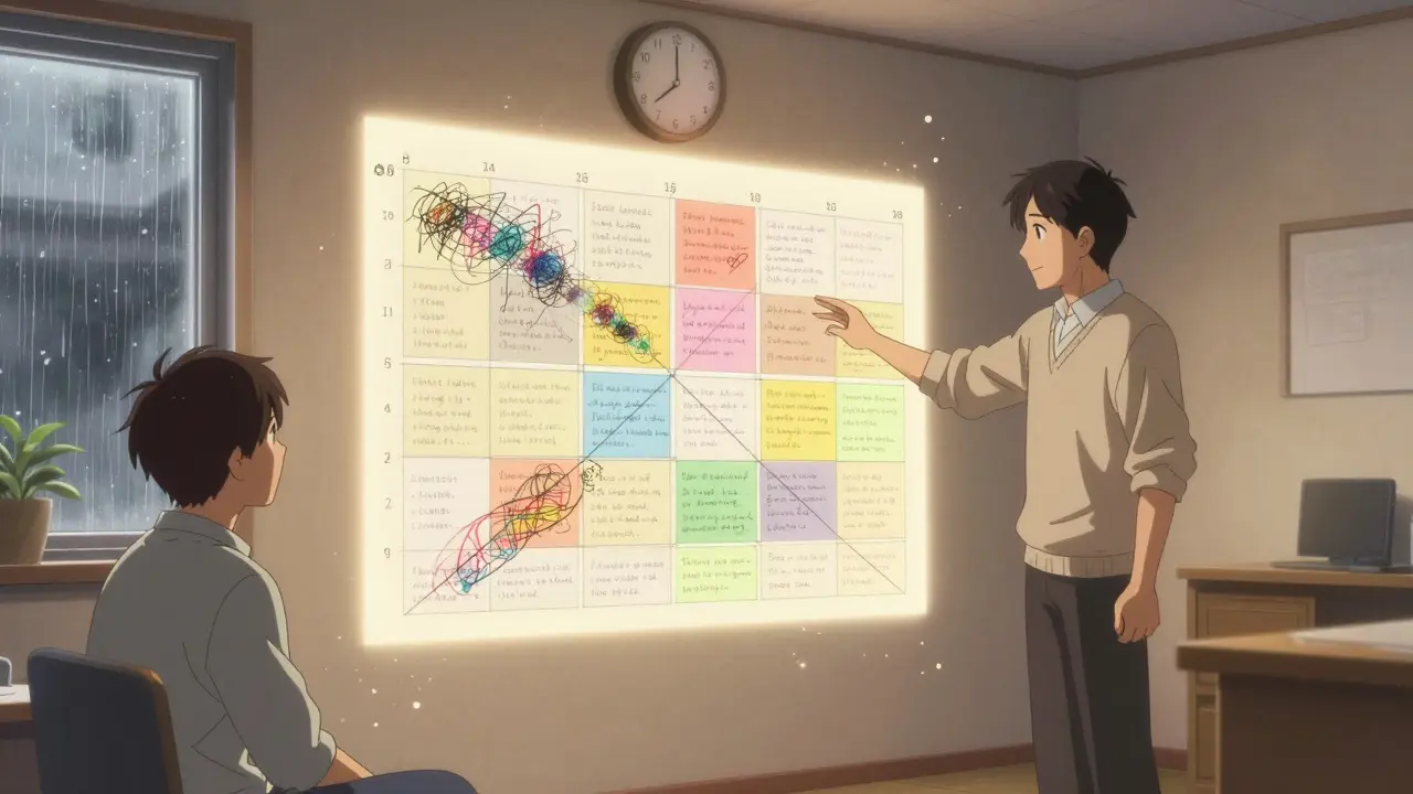 A coach and client viewing a glowing task matrix in a quiet room with a clock showing 9–11 a.m.