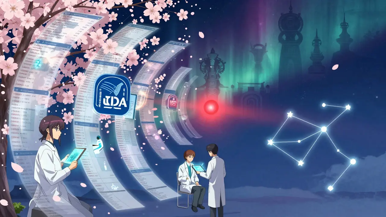 A cosmic data network of vaccine safety reports, glowing symbols, guardians watching over global health monitoring.