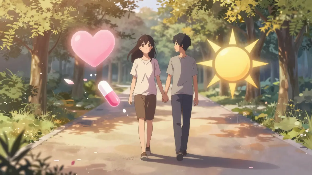 A couple walking at dawn, their shadows merging as symbolic pills dissolve into petals.