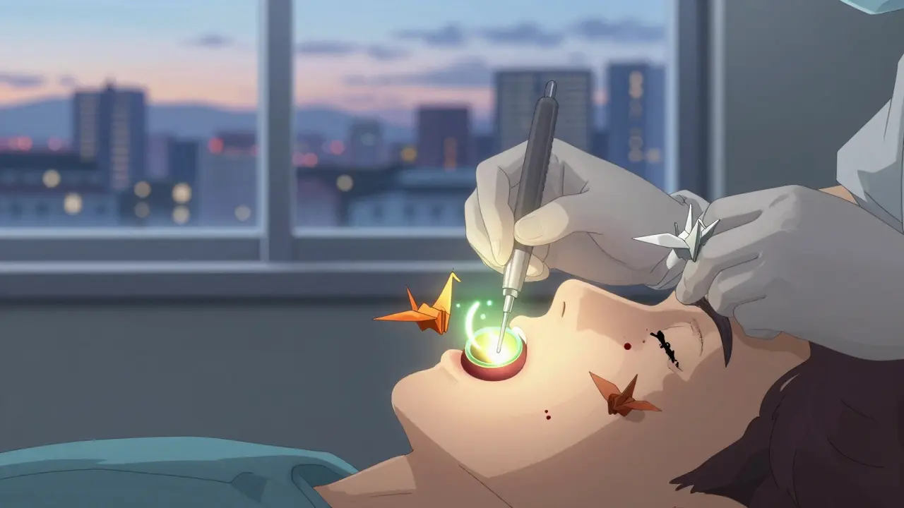 A dentist placing a hemostatic sponge in a socket, blood forming into origami cranes under soft twilight light.
