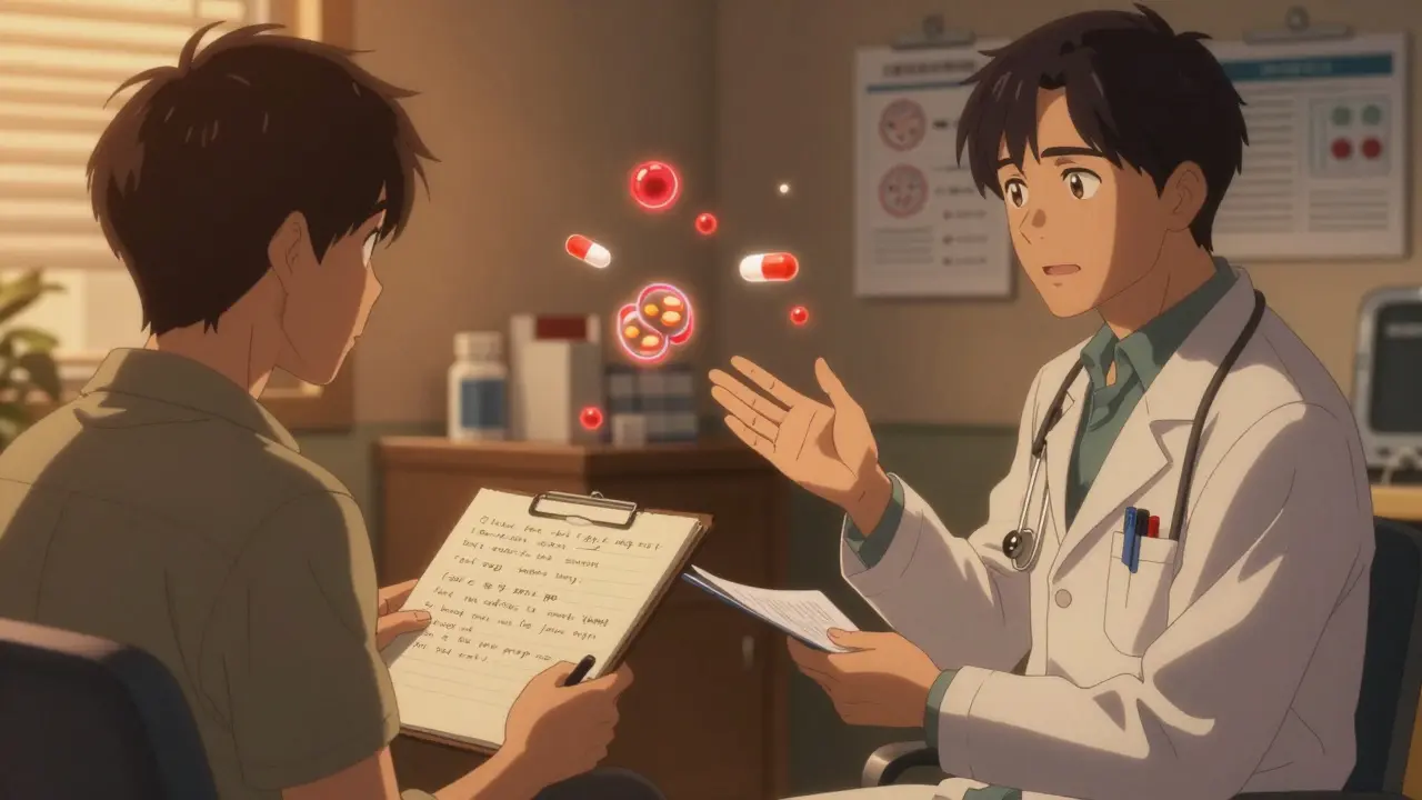 A doctor and patient discussing medication side effects in a softly lit office.