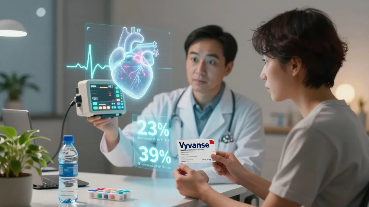 A doctor and patient during a consultation with a glowing heart monitor and prescription on the table.