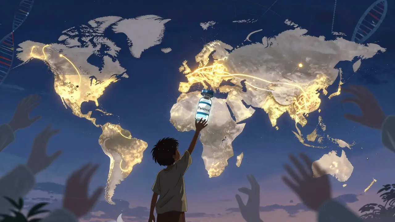 A global map showing unequal antiviral access, with a child reaching for a broken Paxlovid vial under a starry sky.