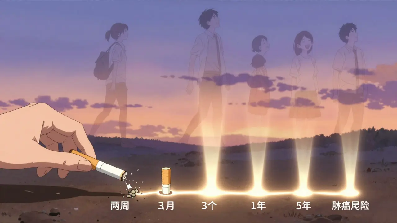 A nicotine patch replaces a broken cigarette, with a glowing path showing lung recovery over time.