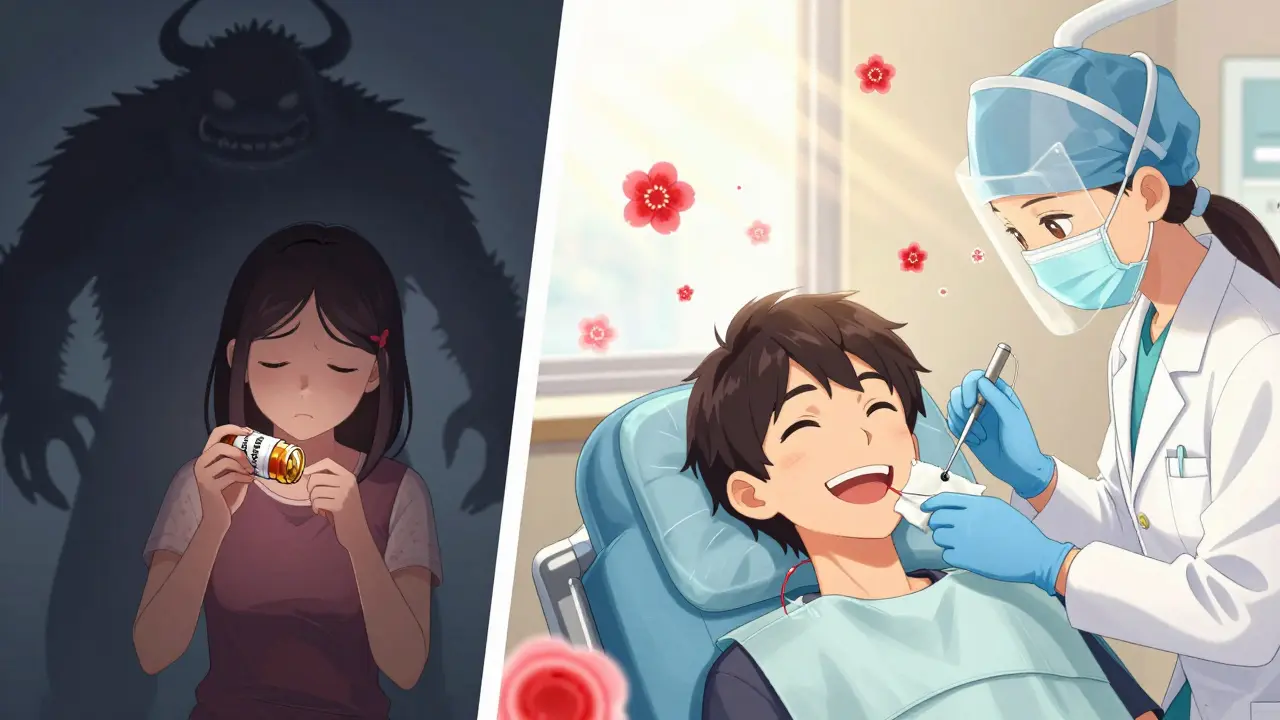 A patient comparing fear of blood thinners to safety after dental care, with blood cells as cherry blossoms.