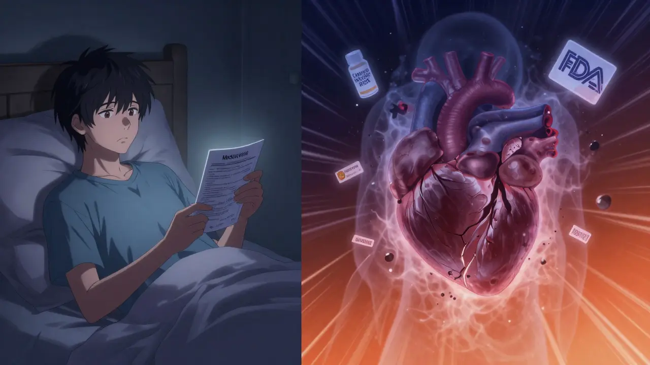 A patient reading a Medication Guide as ghostly organ shapes crumble beside them.