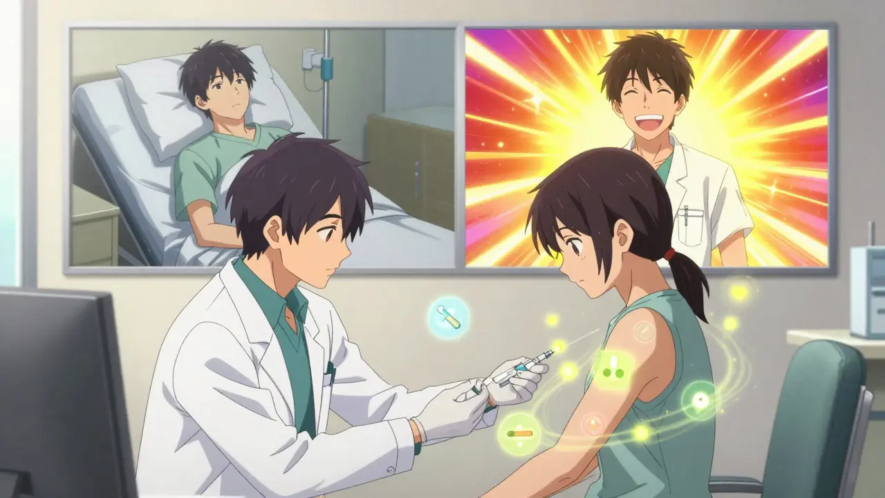 A patient receiving a monthly HIV injection with floating antiviral icons and a bright, hopeful atmosphere.