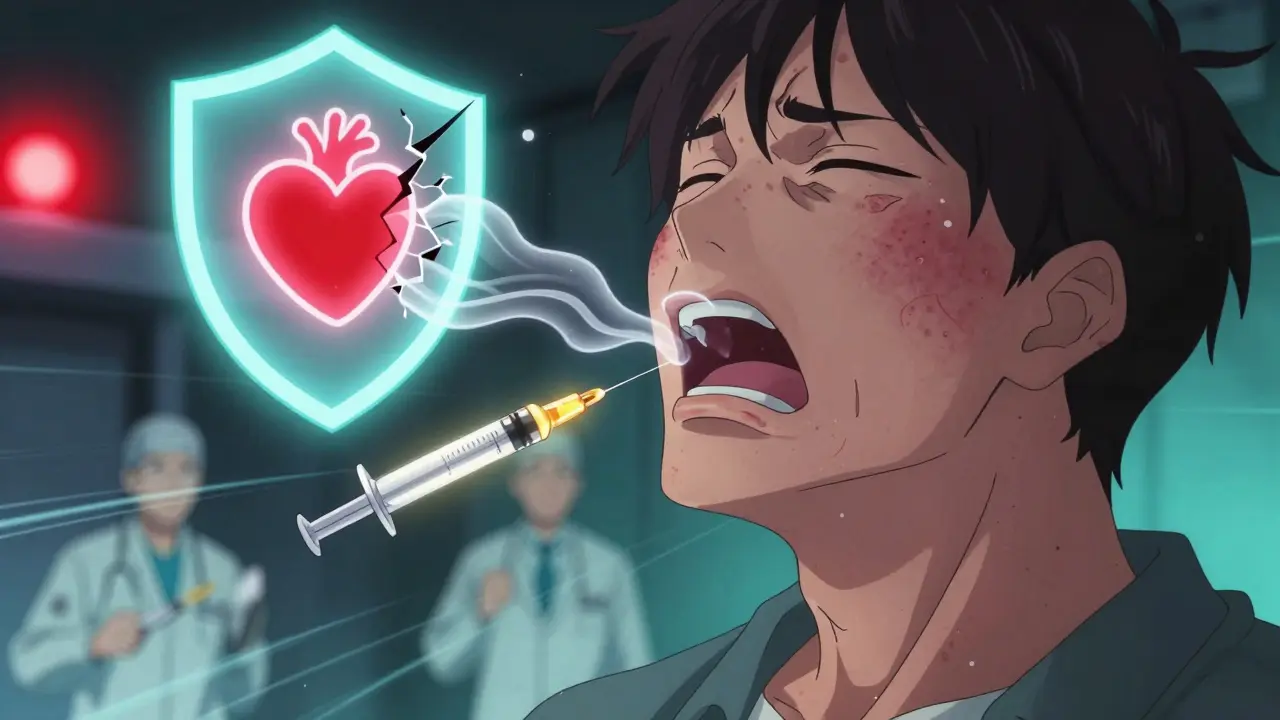 A person having a rare allergic reaction, medical staff rushing in with epinephrine, glowing hives and distorted air currents.