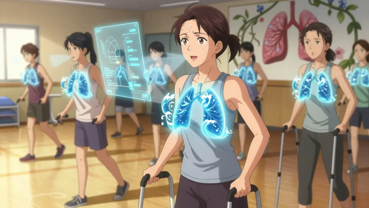 A woman exercises in pulmonary rehab, glowing breath waves surround her and others as they improve lung function.