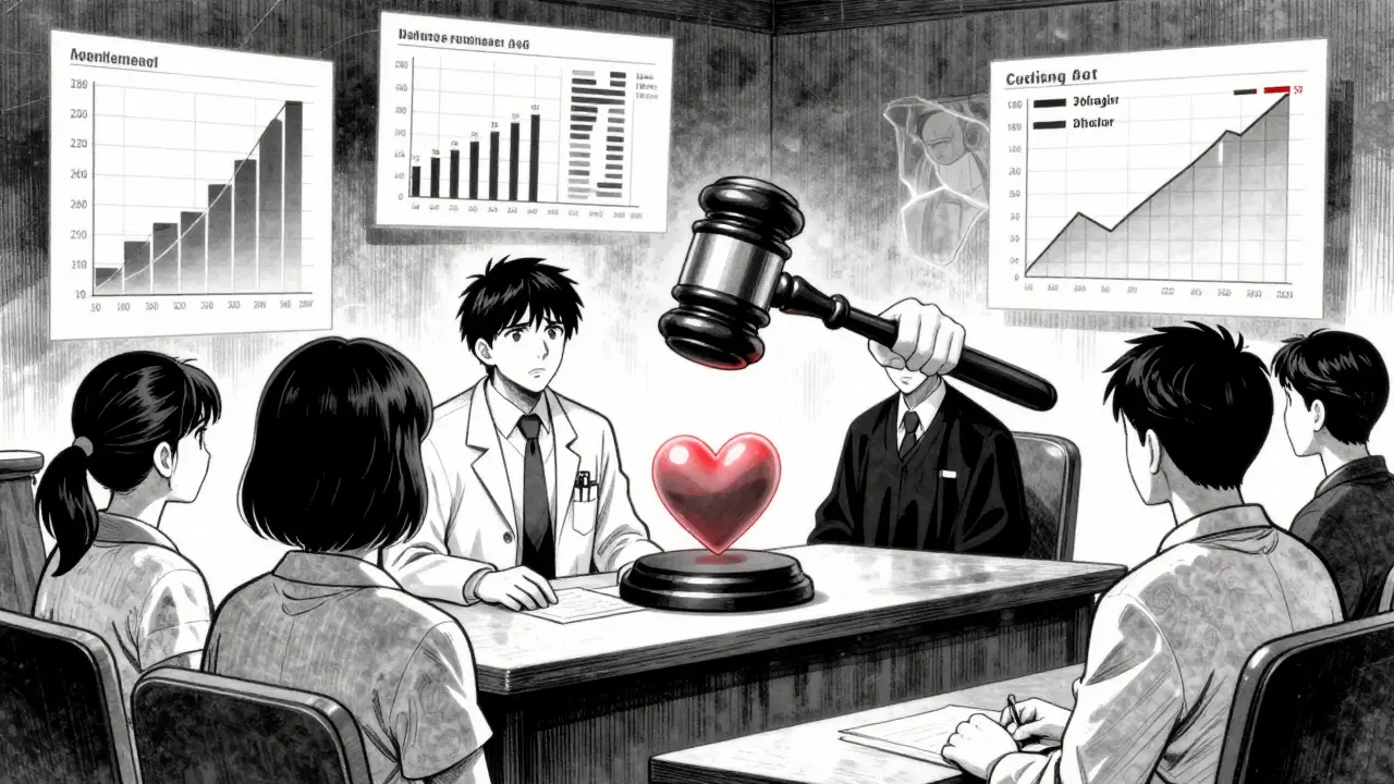 Abstract medical data courtroom with a glowing pill and contrasting stroke vs. bleed statistics.