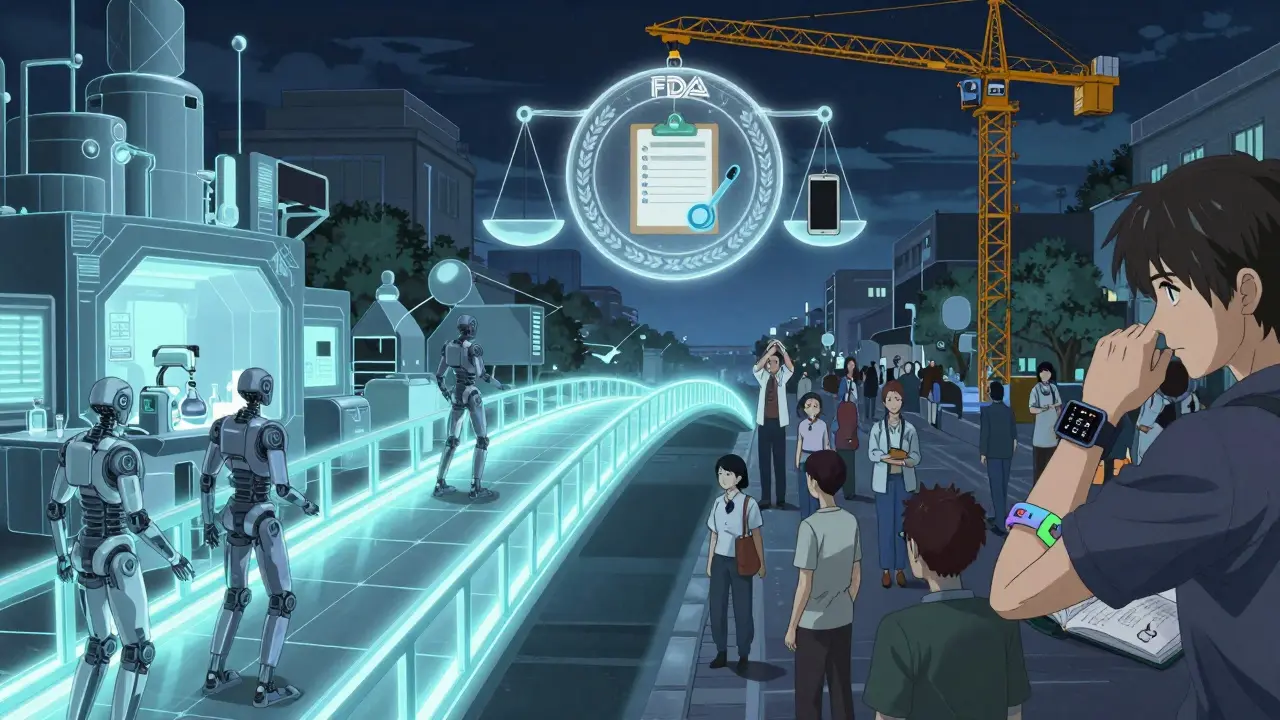 Bridge connecting clinical trial lab and real-world patients under FDA seal.