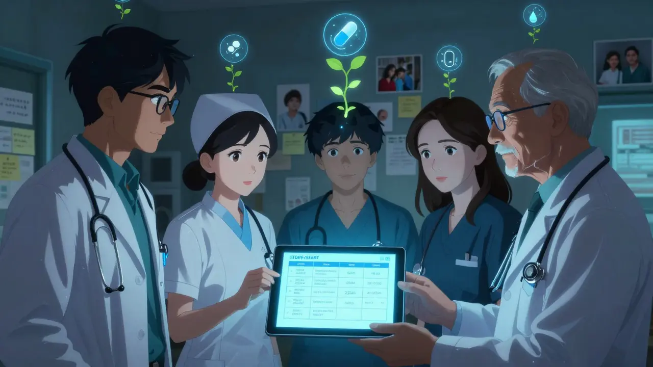 Care team reviewing digital drug tools with holographic classifications in clinic setting.