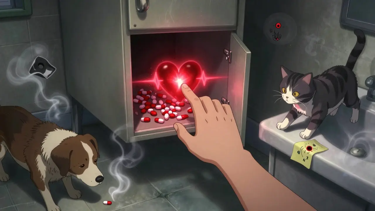 Child reaching for bathroom medicine cabinet as pet approaches degraded pills.