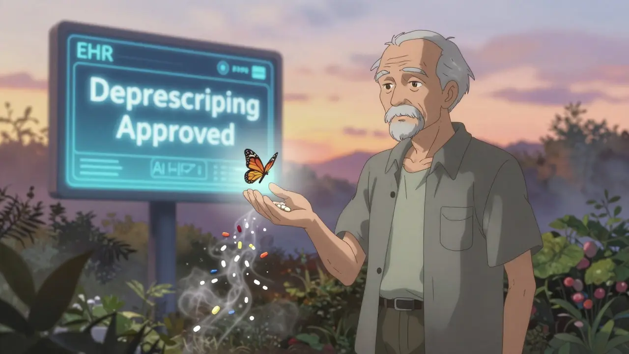 Elderly man releasing pills as butterflies, AI alert visible, symbolizing safe deprescribing.