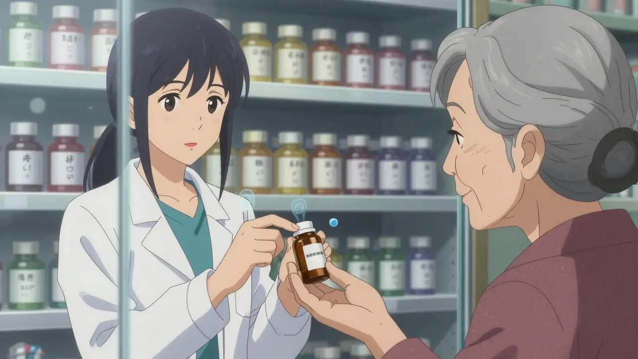 Elderly woman receiving a generic pill bottle, her reflection showing past brand use in a clinic setting.