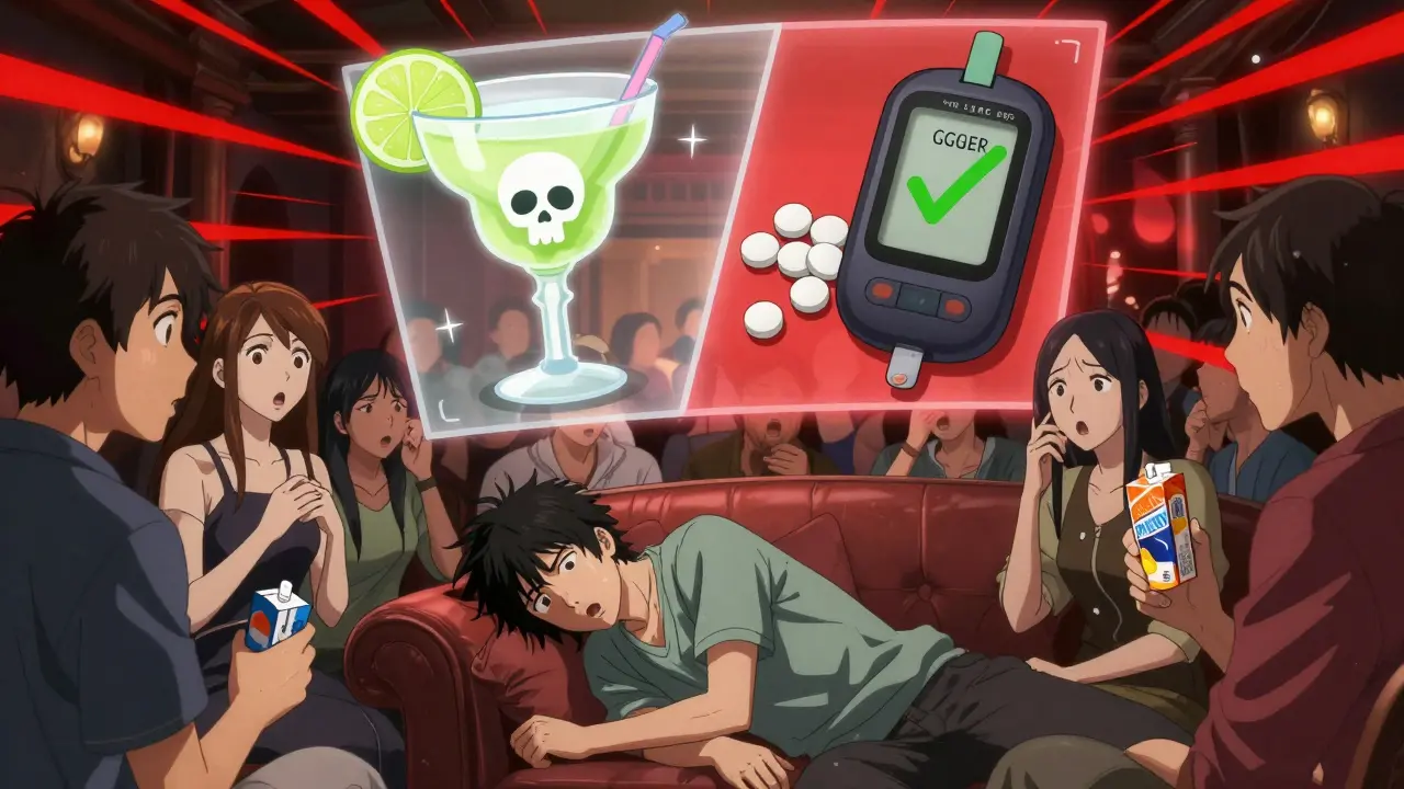 Emergency at a party with split-screen showing risky drink vs safe glucose response.