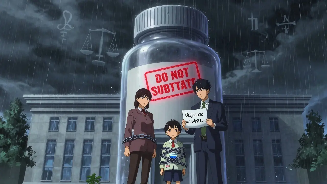 Family confronting insurance building shaped like a pill bottle, chained medication box with 'Do Not Substitute' stamp.