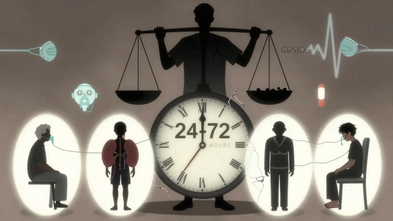 Five at-risk patients connected to a crumbling clock labeled '24-72 HOURS', as a doctor's scale tips into darkness.