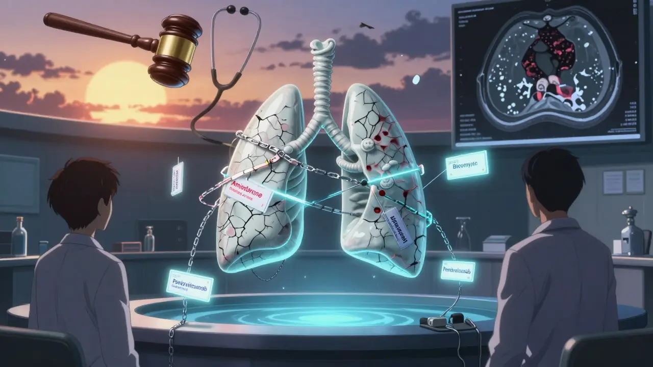 Floating porcelain lungs on trial surrounded by glowing drug labels in surreal courtroom.