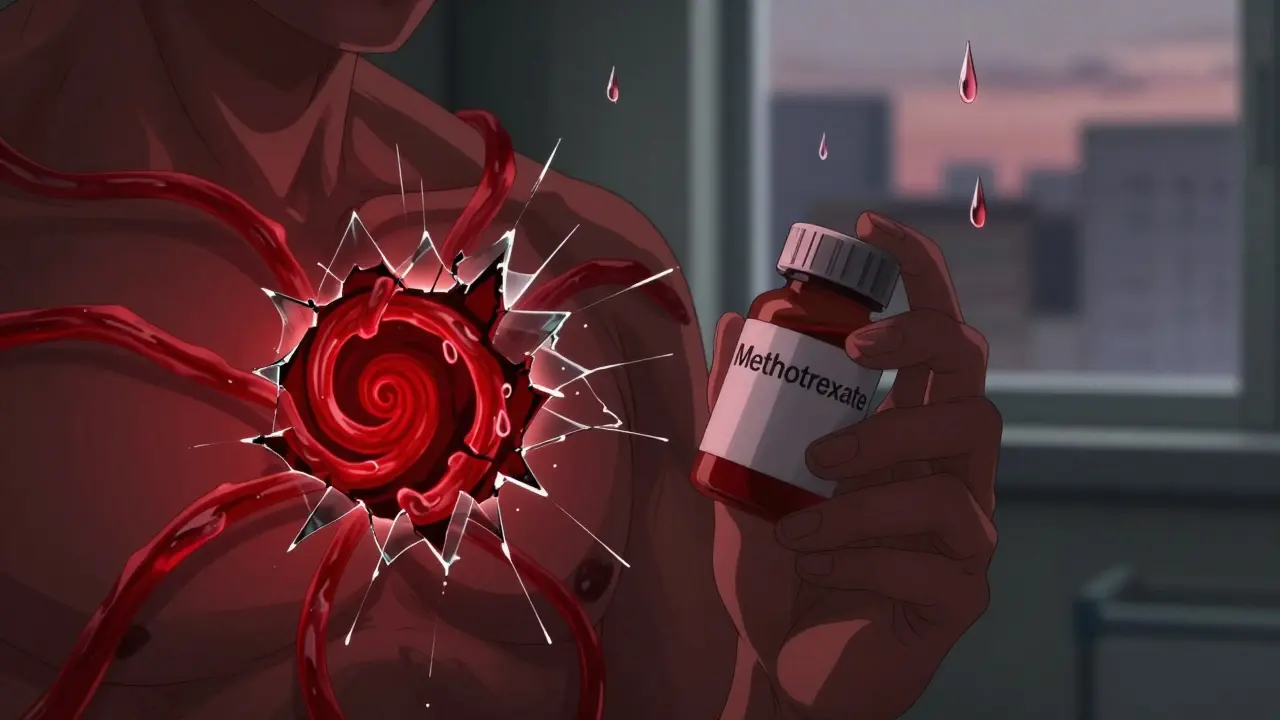 Hand holding methotrexate bottle as red inflammation tendrils erupt from chest.