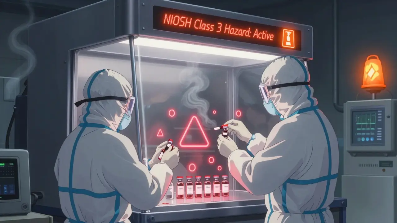 Healthcare workers preparing a hazardous cancer drug in a sealed containment hood with glowing warnings.