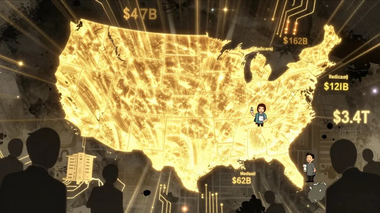 Map of the U.S. glowing with savings numbers, patients smiling as golden waves overcome corporate patent barriers.