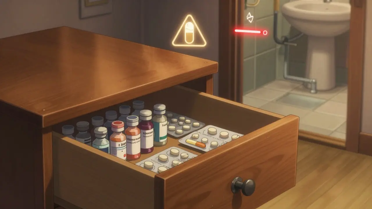 Neatly stored medications in a locked bedroom drawer under warm light.