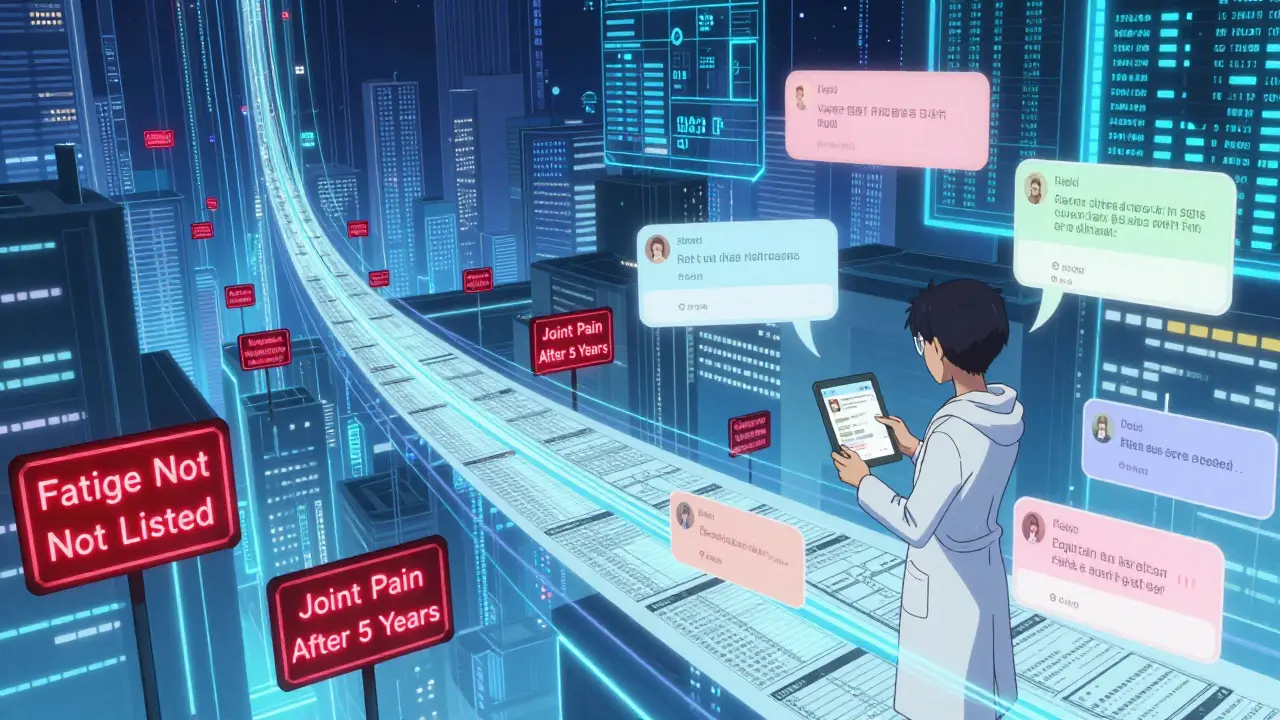 Neon data city with patient warnings and pharmacist scrolling Reddit reports.