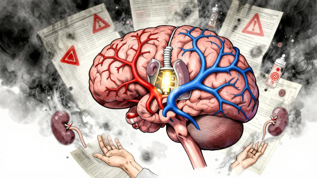 Neural pathways converge in the brainstem, shutting a respiratory valve amid fading medical charts and warning symbols.