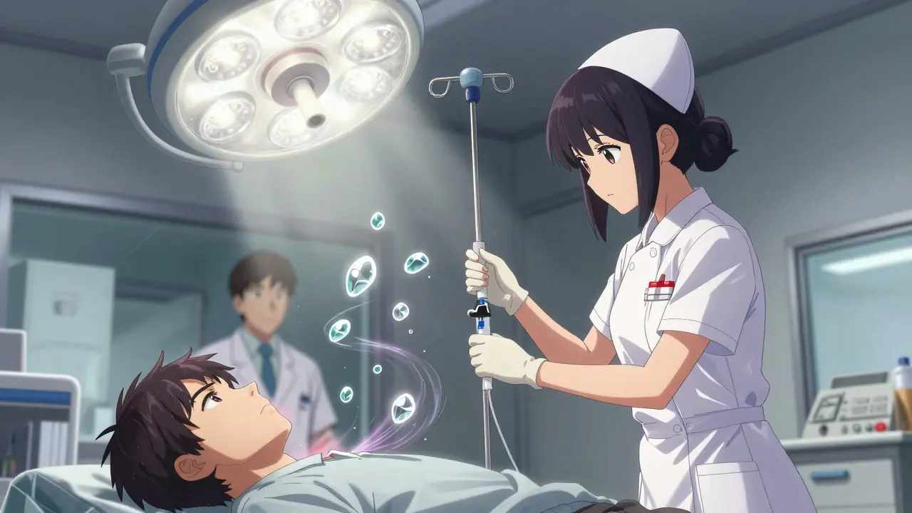 Nurse administering IV contrast pre-medication in a hospital imaging suite with radiologist observing.